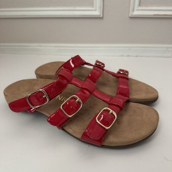 Vionic Cherry Red Patent Misa Adjustable Hook & Loop Slide Comfort Sandals 8 - Picture 1 of 6